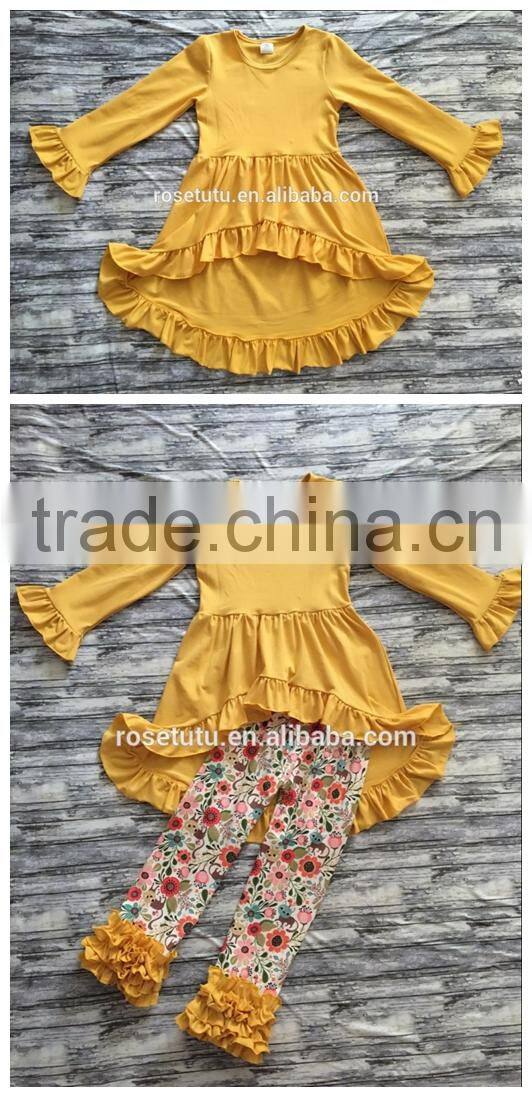 New design baby girl yellow top dress yellow ruffle floral print pants boutique clothing set