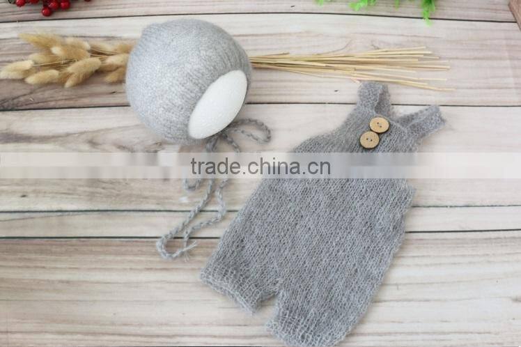 Newborn hat and pant Crochet mohair bonnet Baby hooded romper Lace girl overall Outfit Onesie photography props Knitted clothes