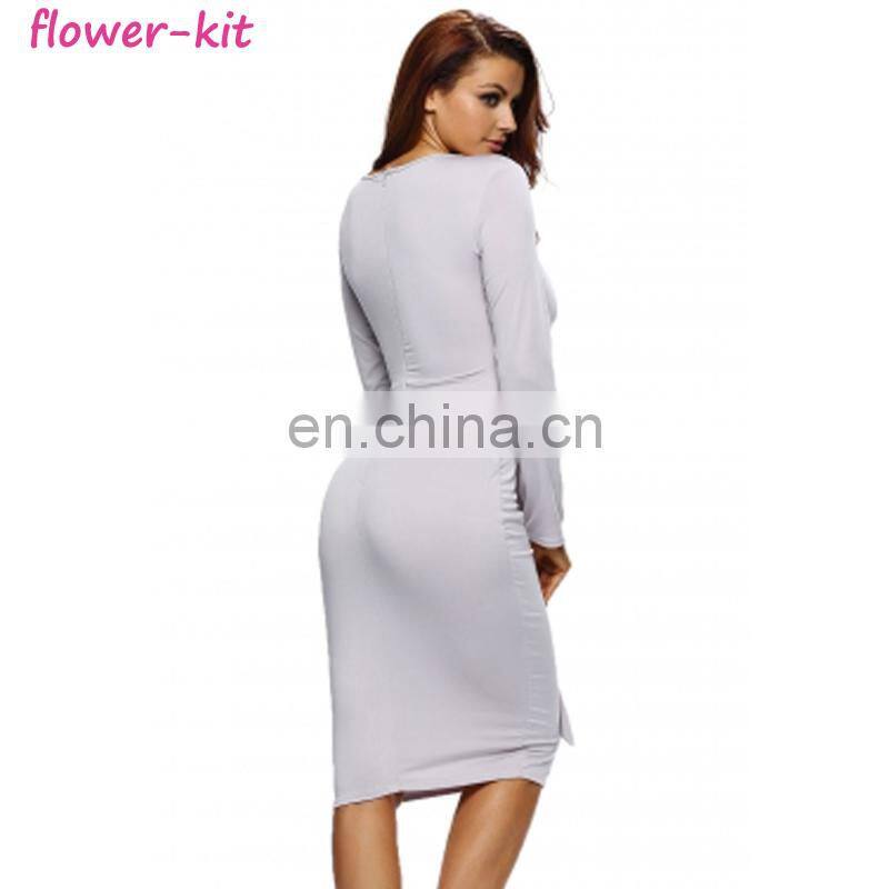 Grey Multi way Deep V Neck Knot Tie Long Sleeve Midi Dress