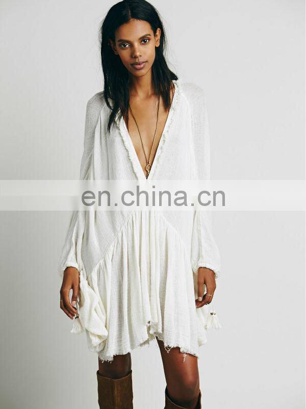 High quality raw hem cotton gauze dress fashion high low tunic dress