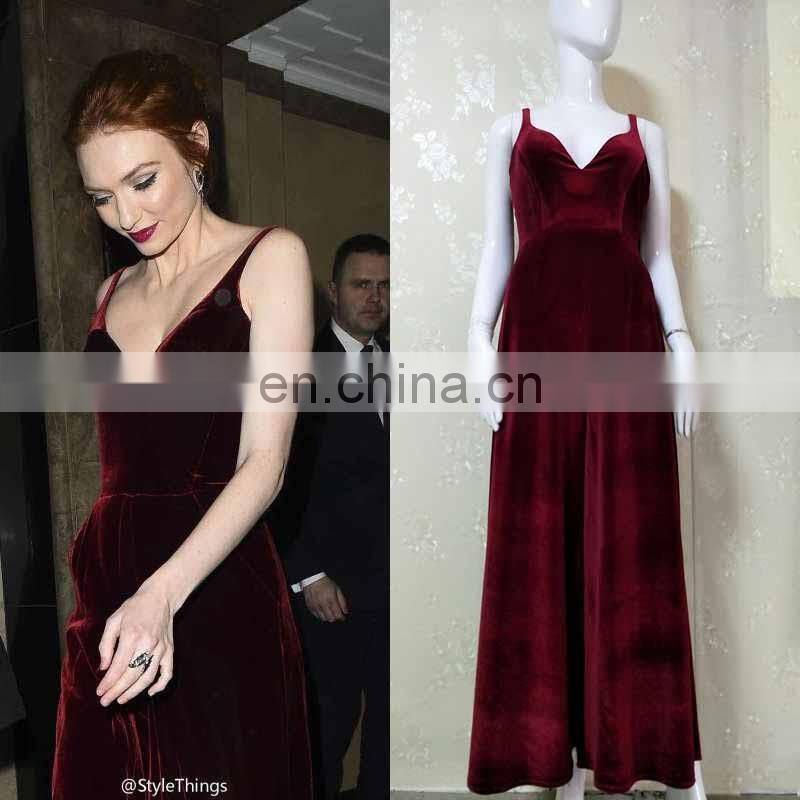 Women Dresses Spaghetti Strap Burgundy Velvet Modern Vintage Sexy Maxi Prom Party Dresses