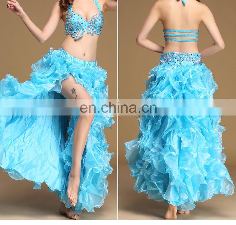 Q-6051 Plus size long organza wave performance belly dance skirt with slit