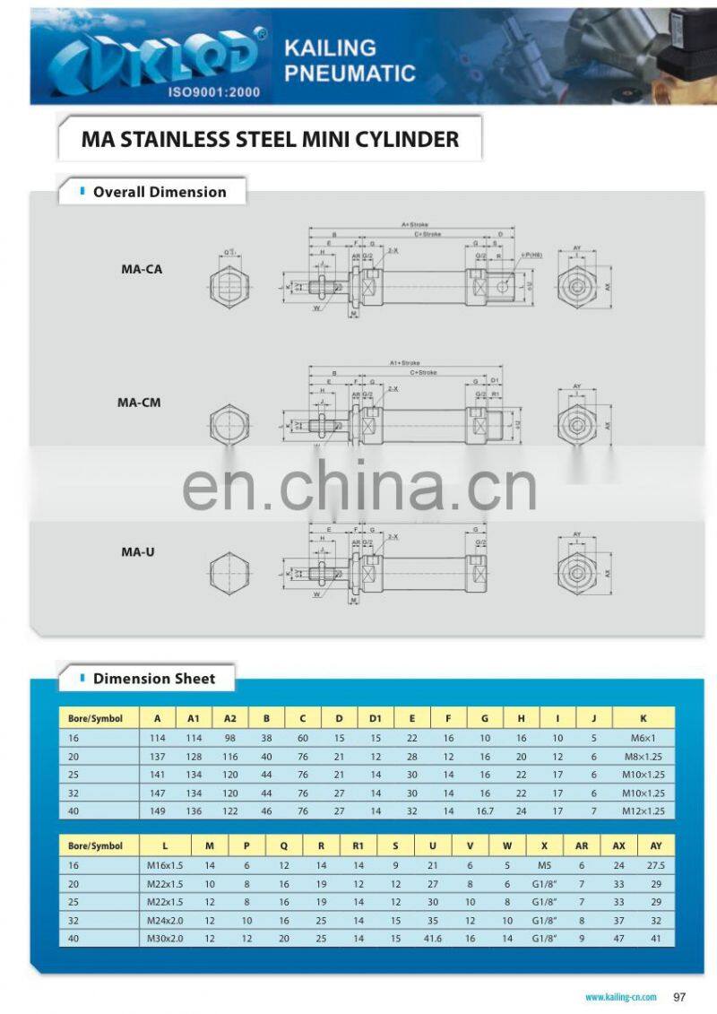 China MA Stainless Steel Mini Pneumatic Air Cylinder,Single/Double Cylinder
