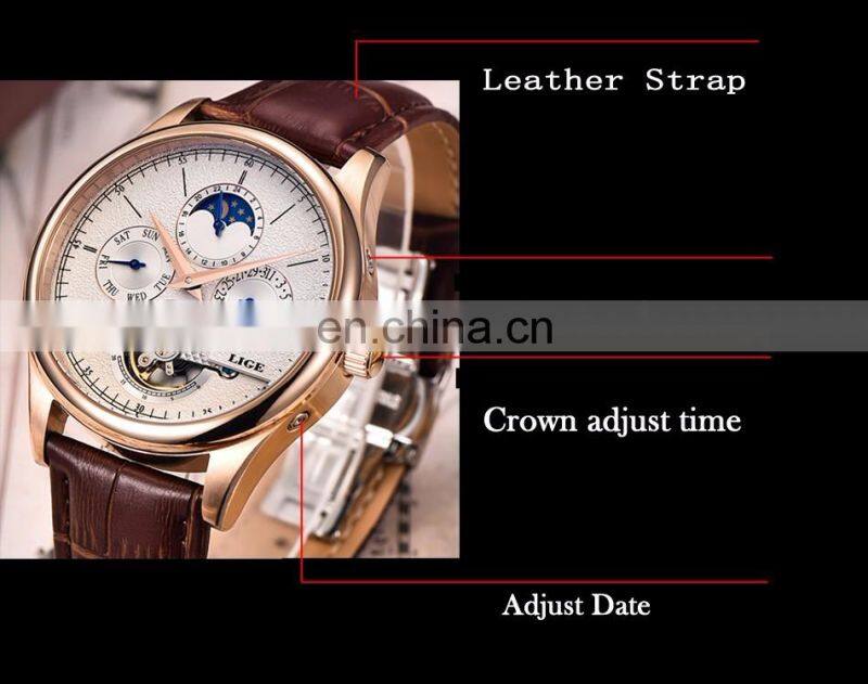 Lige 6826 Retro Men Mechanical Watches Tourbillon Waterproof Leather Top Brands Luxury Watch Automatic Mens