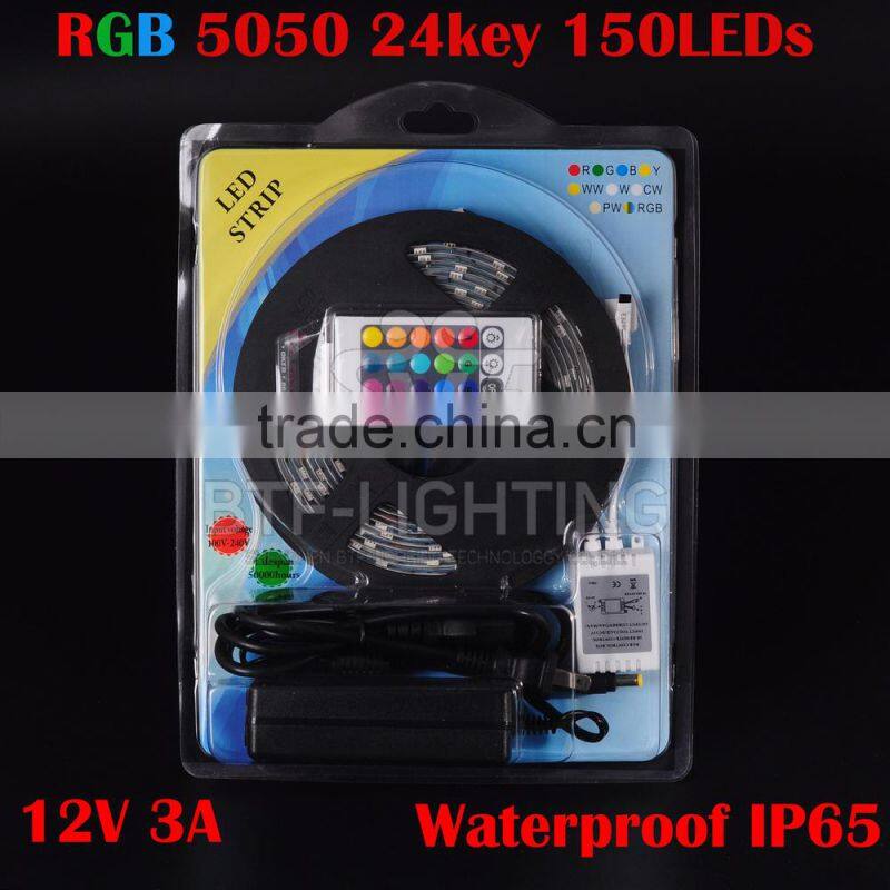 5M SMD 5050 30 leds/m waterproof in silicon RGB LED Strip Light digital +24 key IR Remote controller+12v 3A power supply