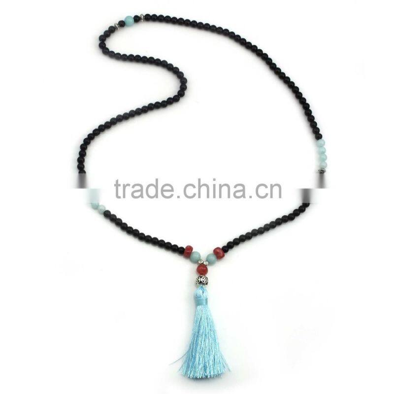 Original Natural Carbonado Jade Beaded Chain Long Green Tassel Necklaca