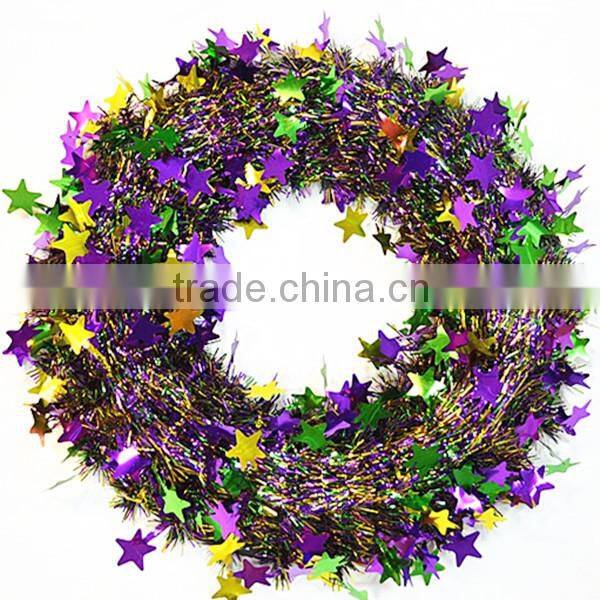 Colorful Christmas Ornament Metallic Tinsel Wreath,Tinsel Garland With Little Star