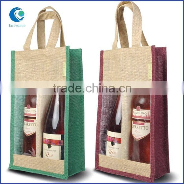 Custom different colors jute double wine handle bag with PVC window