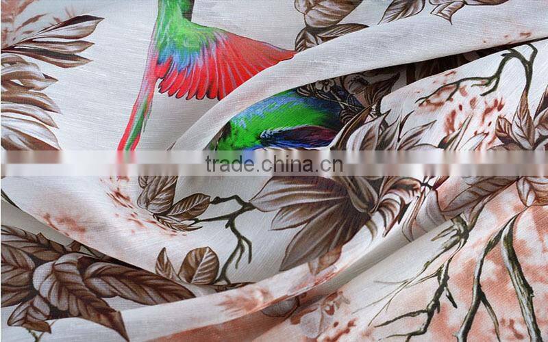 parrot bird branch leaf printed silk linen blend fabric