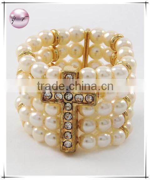Gold Tone Cream Synthetic Pearl Clear Rhinestone Cross Stretch Ring