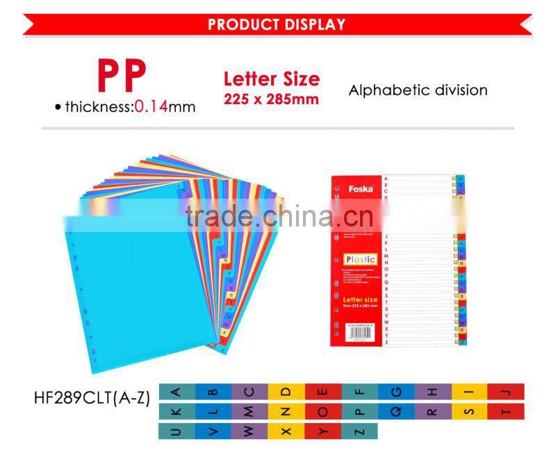 Letter size Assorted Colors Plastic Index Divider/Plastic File Index