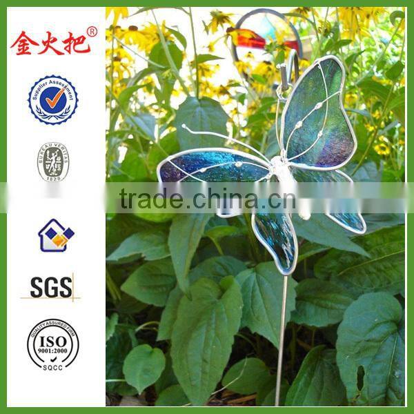 Decorative metal blue and green streaked stained glass butterfly stake
