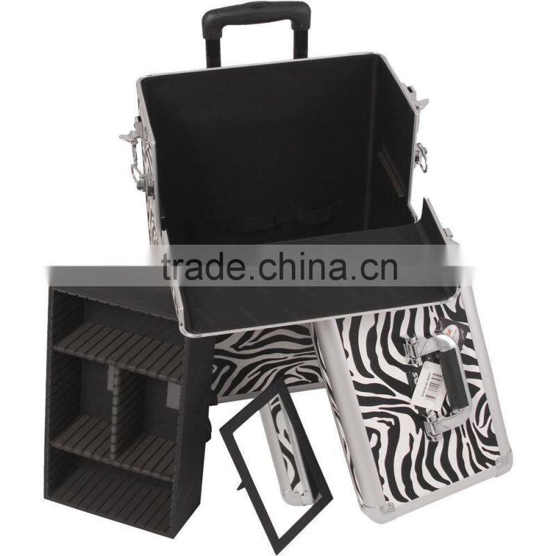 Zebra Pattern Professional Aluminum Rolling Cosmetic Case Makeup 4-Wheel Trolley