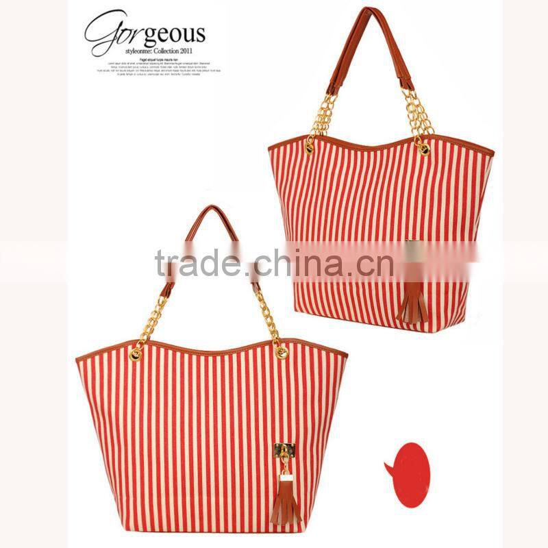 2013 Latest Design Women's Handbag Stripe Canvas Bag Chain Tassel Hangings Handbag Fashion Bag
