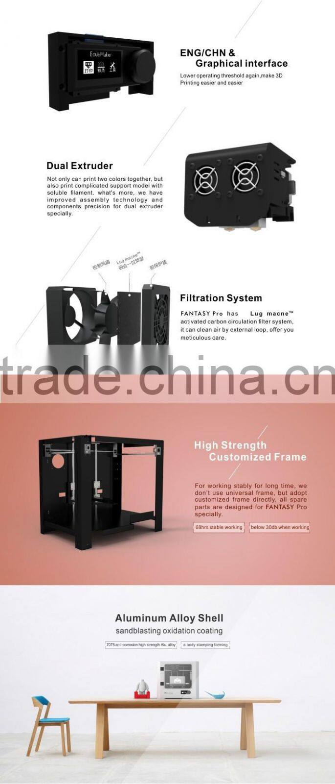 EcubMaker FANTASY Pro Dual Extruder Large 3D Metal Printer Kit Machine Price for Sale 260x180x200mm Soluble Support Filament