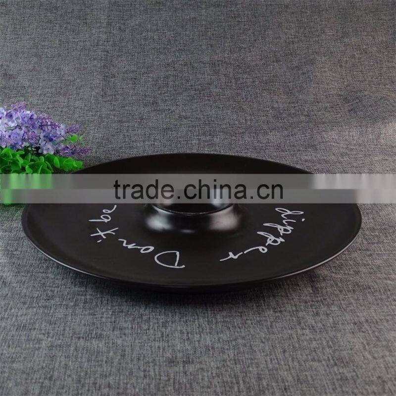 Round black-glazed ceramic chip and dip plate, ceramic chip & dip set divided fruit plate