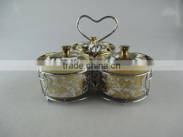 Ceramic gold decal ceramic condiment set with iron stand