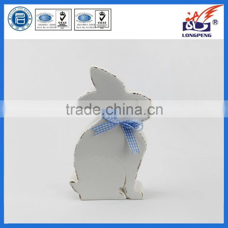 Ceramic Rustic Look Sitting Rabbit Easter Bunny with Decorative Bow
