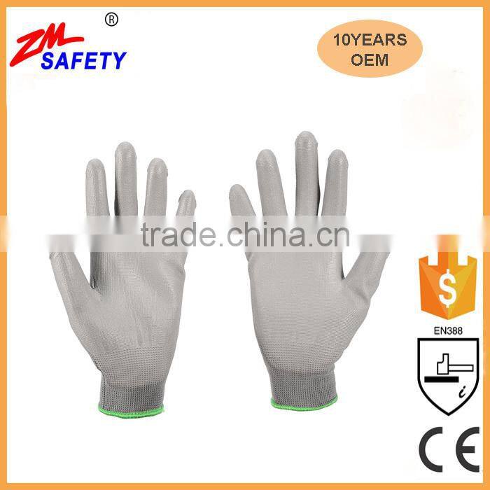 Cheap Grey Lightweight Palm Coated Safety PU Glove with 13Gauge Machine Knit Nylon Polyester Shell