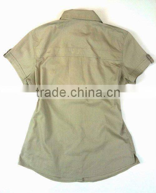 Ladies' 100% cotton casual short sleeve shirts with 2 chest pocket