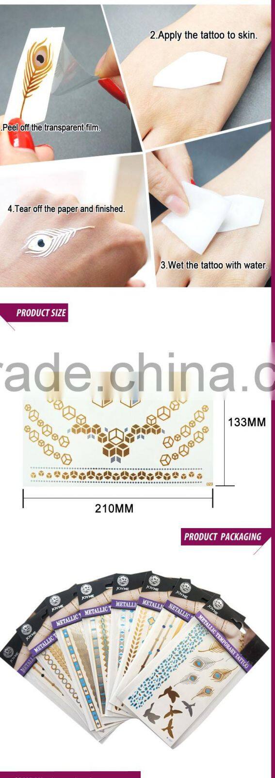 Eco-friendly flash gold metallic fluorescent body skin safe temporary tattoo sticker