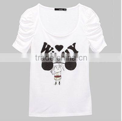 women printing puff sleeve t shirt with rivet/women fashion design t shirt
