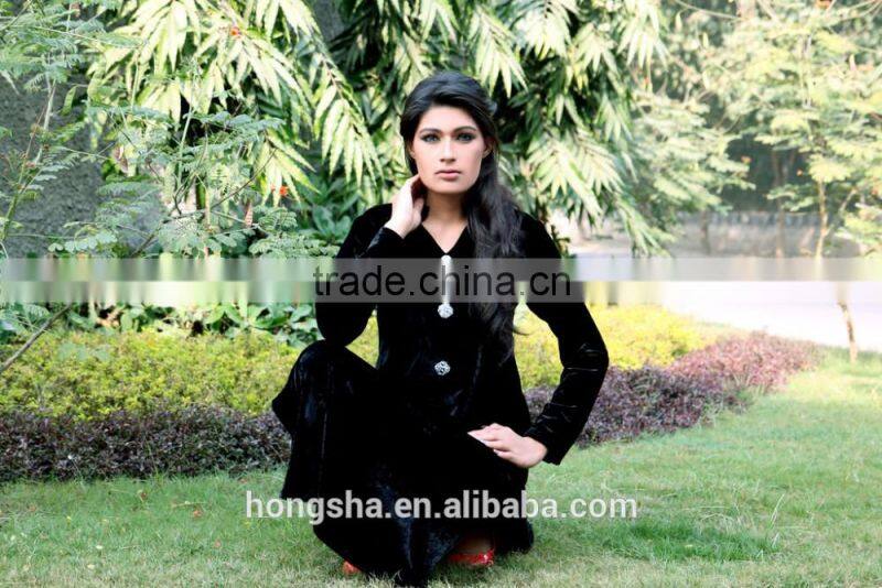 Fashion brand designer long kurtis with front neck crystal buttons navy blue velvet kurti HSD7920