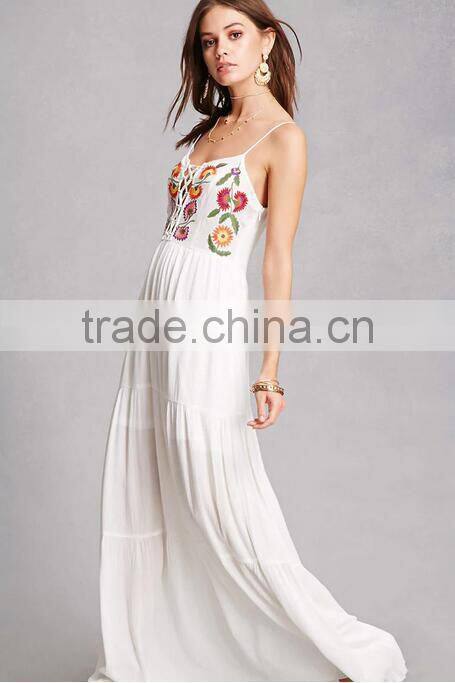 2017 Summer Latest Floral Embroidered Beach Dress Plunging Neckline Boho Maxi Dress HSd9209