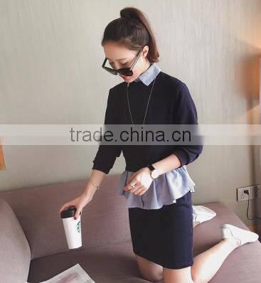 2016 New Style Autumn Shirt Korean Turn Down Collar Long Sleeve Dress Patchwork