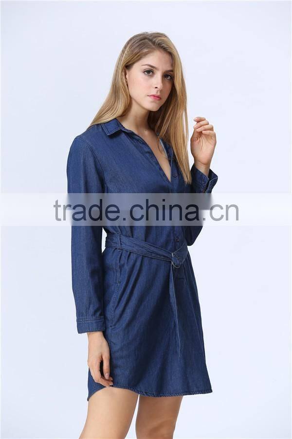 Fashionable Hot Sale Factory Price Long Sleeve With Waist Belt Women Denim Dress