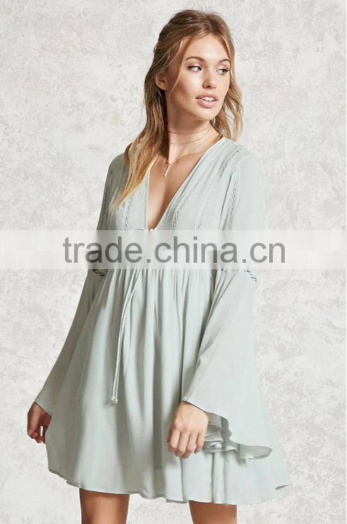 Fashion Long Bell Sleeve Chiffon Embroidery Summer Short Dress Women