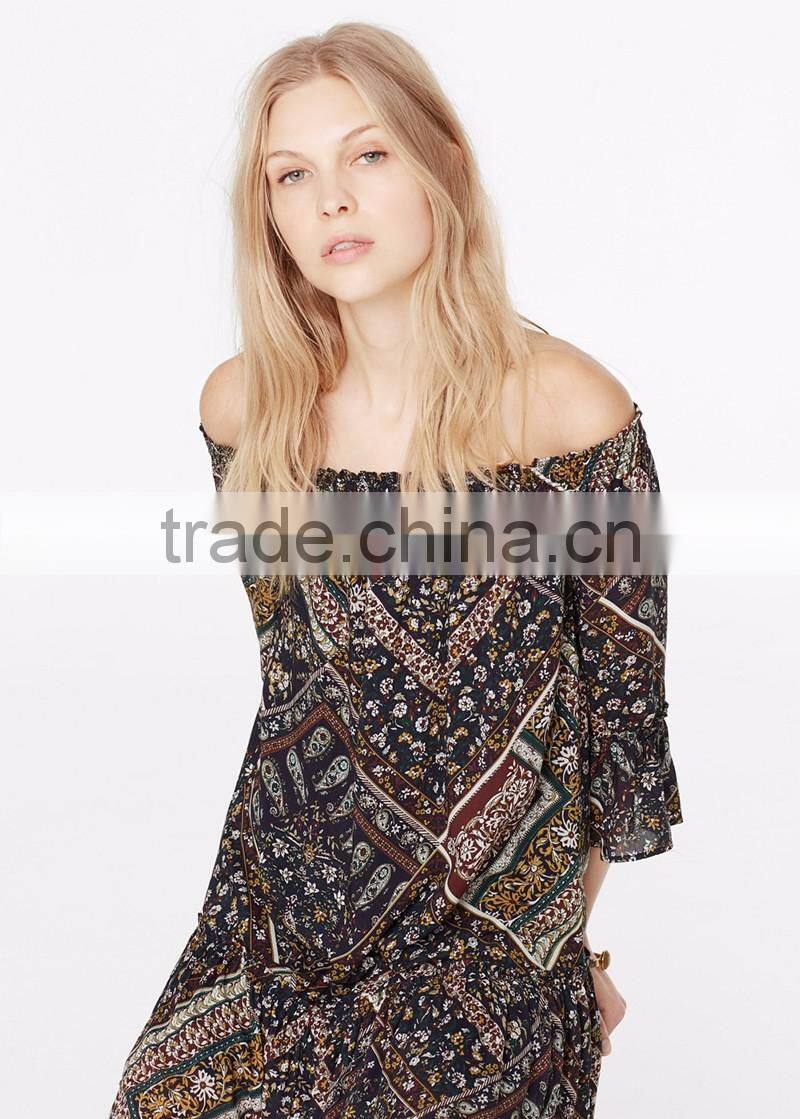 ladies printed chiffon off shoulder dress three quarter sleeve