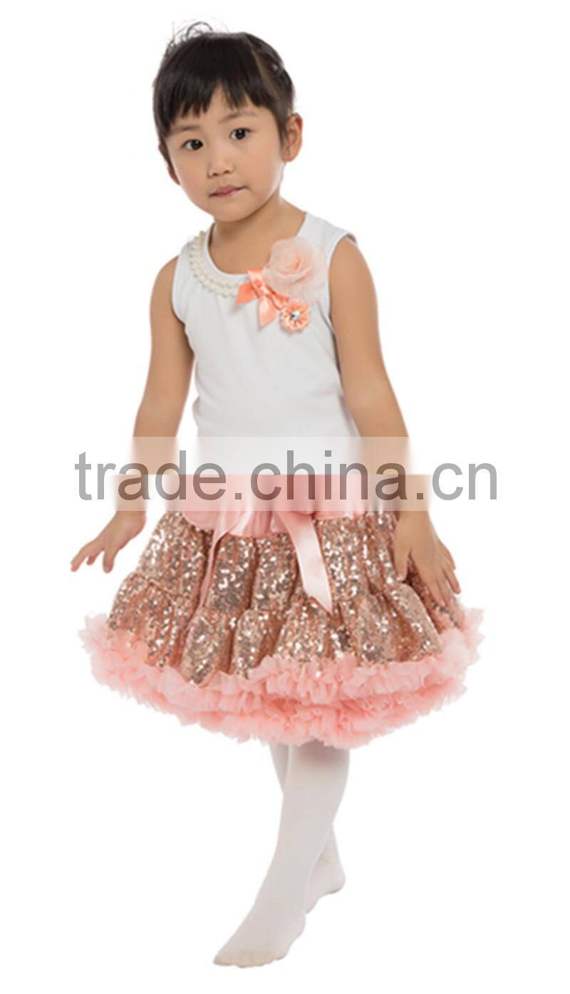 long sleeve flower sequin fluffy pettiskirt for girls- embroidered costume with belt-- stage wear