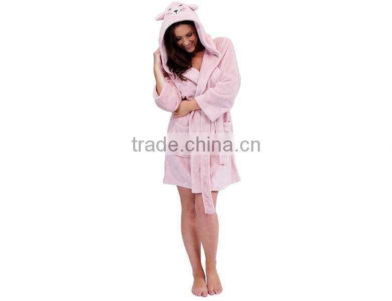 2015 pink lovely 100% polyester winter hooded women bathrobe