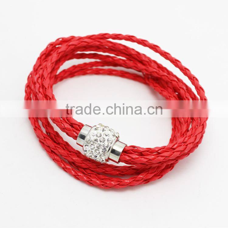 Leather Wrap Wristband Cuff Punk Magnetic Rhinestone Buckle Bracelet Bangle