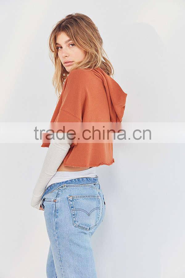 2017 MGOO Raw Edged Sweatshirt With Hood Double Layered Sleeve Custom Cotton Terry Crop Hoodies