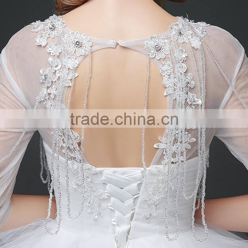 MGOO New Designs 2017 Sheer Neck 3/4 Long Sleeves Women Wedding Dress Ball Gown Embroidery Floor Length Dress