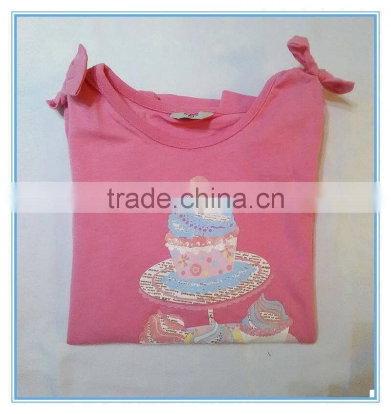 OEM cotton children girls long sleeve shirt, girls boutique t shirt with bowknot on shoulder