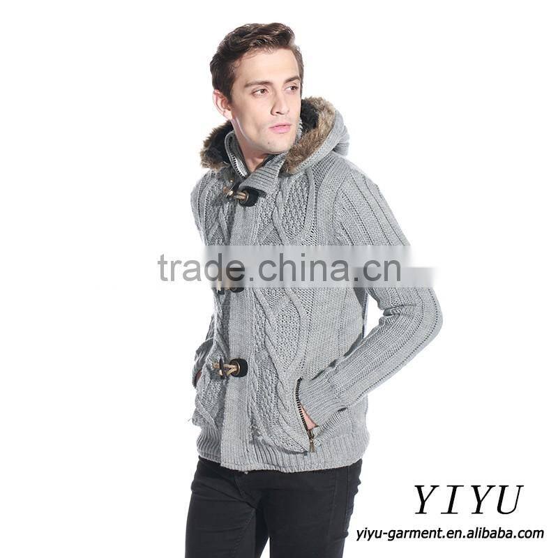 Latest Designs Man fleece lined wool top cable knit cardigan sweater with hooded