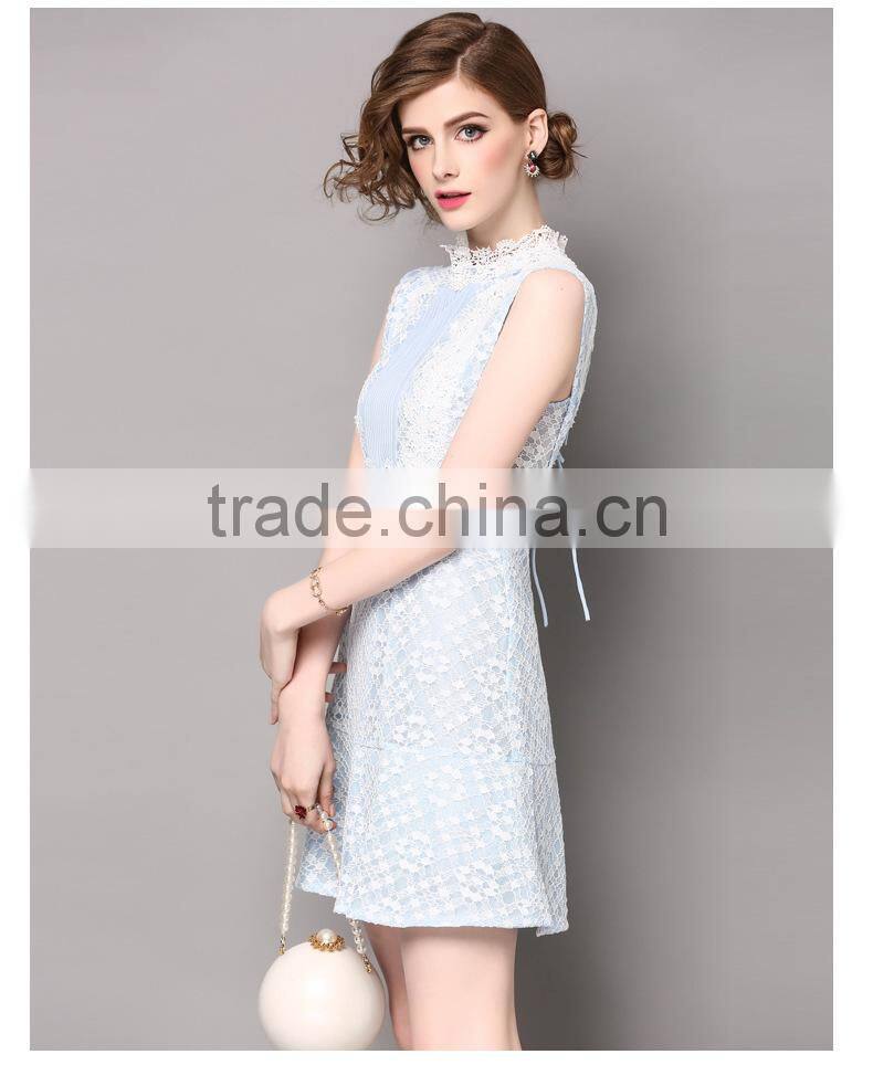 Dresses 2017 summer high grade lace neck collar sleeveless elegant lace stitching design backless party dress for women