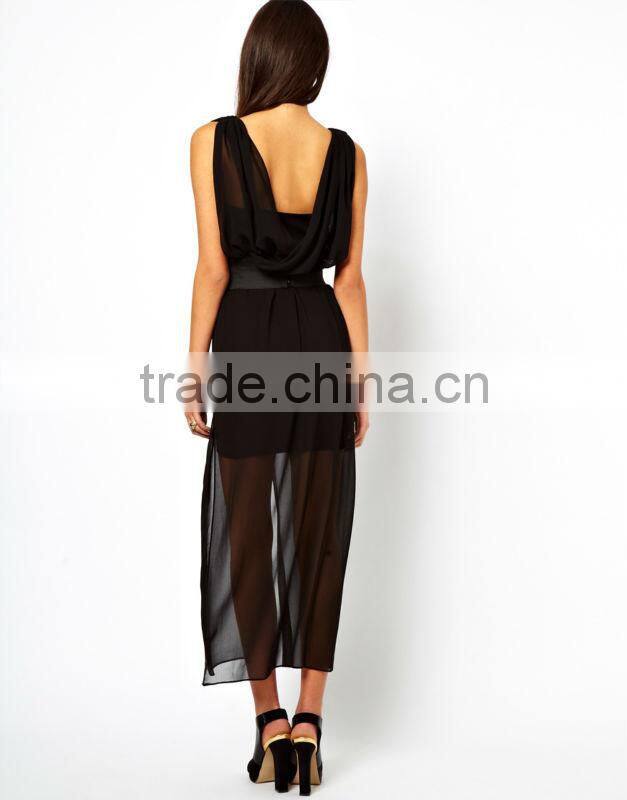 Maxi Dress With Mini Skirt And Deep V Neck