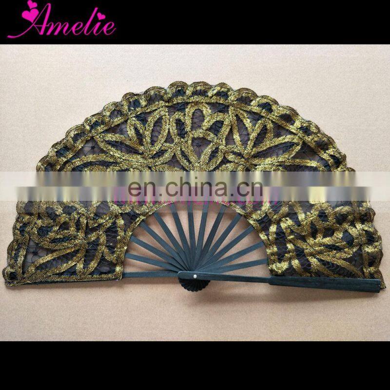 Lolita Style Black with Metallic Gold Lace Battenburg Lace Fan Wedding Accessories Party Favors Gifts