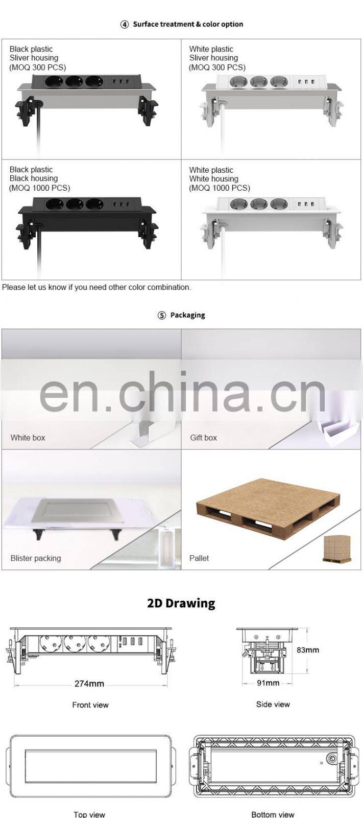 Desk pop up socket with German outlets and USB a charger