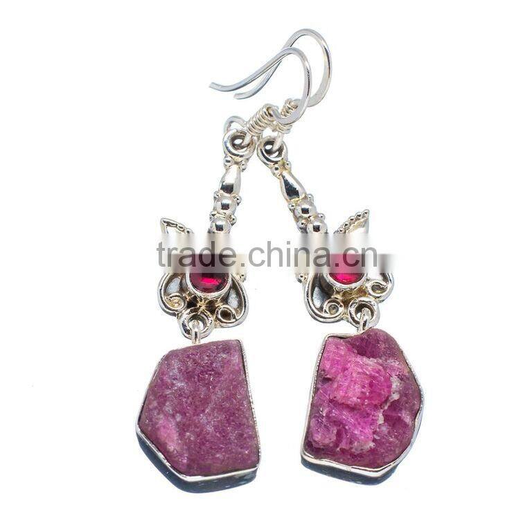 Rough Pink Tourmaline, Garnet EARRING 925 SOLID STERLING,SILVER EXPORTER,STERLING SILVER JEWELRY,SILVER EARRING