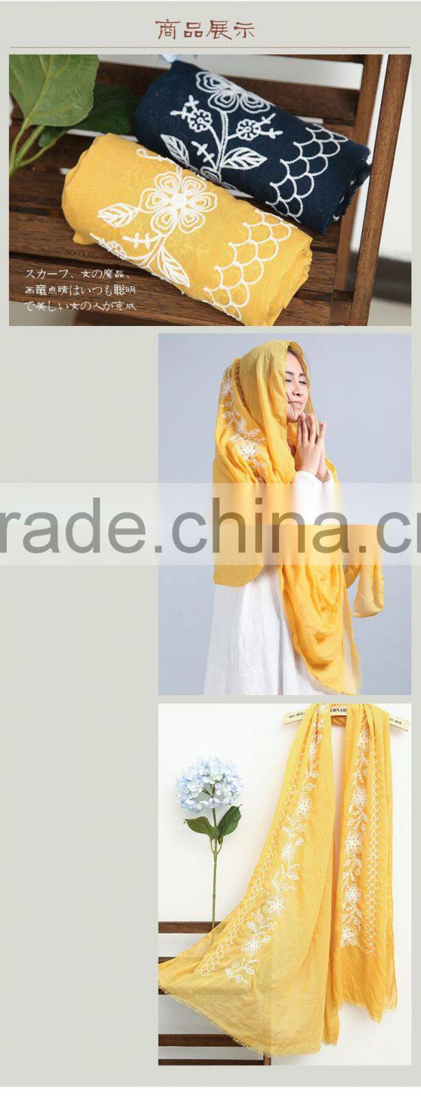 New Style Soft Long Cotton Flower Embroidery Hijab