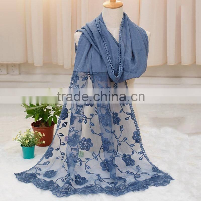 2016 Autumn Winter Large Long Plain Cotton Linen Lace Flower Scarf