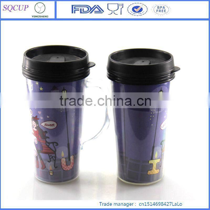 Newest double wall plastic starbucks mug with removable paper inside and with handle or no handle
