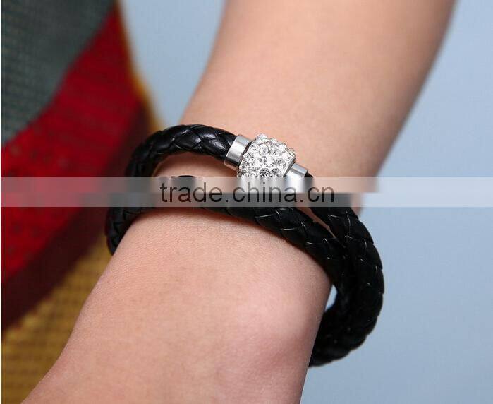 2014 leather bracelet, crystal rhinestone bracelet, leather rhinestone bracelet, genuine leather womens magnetic bracelet