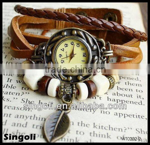 2014New design genuine leather band watch, leaf pendant vingtage watch