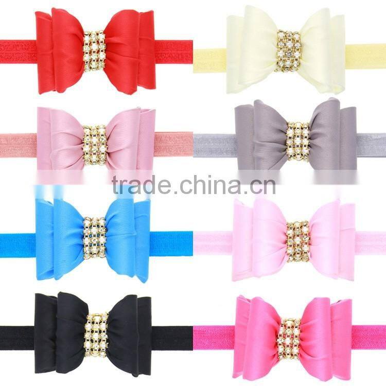 Cute Silk Bow Headbands,Pearl Rhinestone Center Bow Headband for babies